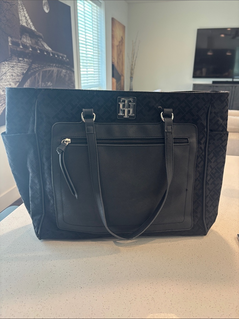 Tommy Hilfiger Black Quilted Laptop Tote with Front Zip Pocket